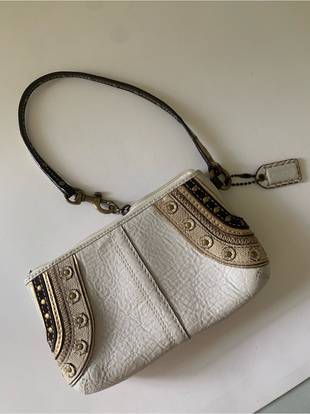 Coach Soho Embroidered Stitch Studded Wristlet, Pebbled White Leather, Gold Stud - Picture 14 of 14
